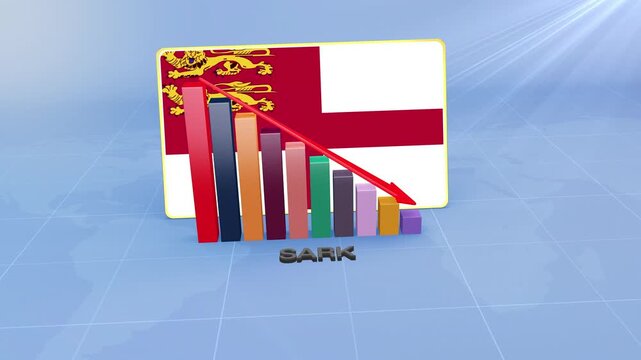 Sark Flag on 3D Bar Graph with Downward Red Arrow Economic Crisis Concept