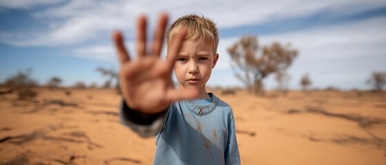 A small youngster stands on dry, cracked ground and raises his hand to indicate awareness and caution.
