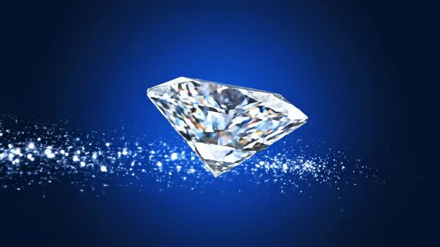 A perfectly faceted round brilliant diamond moving horizontally with subtle trailing light effects across a deep sapphire blue gradient background sapphire, treasure, background