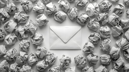 White envelope surrounded by gray crumpled paper balls flat lay concept