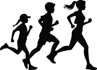 Running people silhouettes, woman man child jogging, fitness workout exercise vector, active lifestyle training, marathon runners isolated
