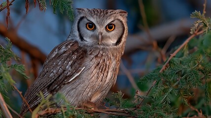 Owl perched calmly on a tree branch, nature, nocturnal wildlife, observation