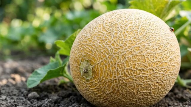 A vibrant, close-up shot captures a ripe, netted melon resting gently on dark, rich soil, surrounded by lush, out-of-focus green foliage. The intricate texture of the fruit's skin is highlighted, sugg