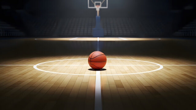 Illuminated basketball sitting alone on hardwood court center circle under dramatic spotlight - Powered by Adobe