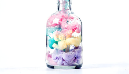 A sealed glass bottle with colorful smoke hands pressed from inside, minimal background