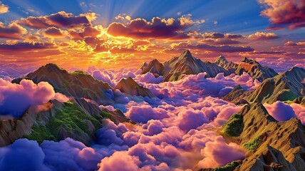 Aerial view of mountain peaks piercing through a thick blanket of clouds, illuminated by golden rays of a vibrant sunrise.
