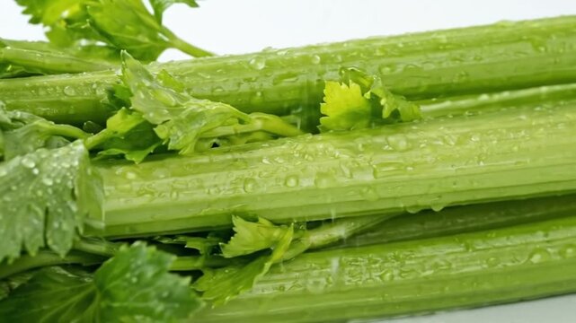 A vibrant close-up shot features fresh, crisp green celery stalks and rich green leaves, glistening with numerous clear water droplets against a clean, bright background. The detailed texture of the r