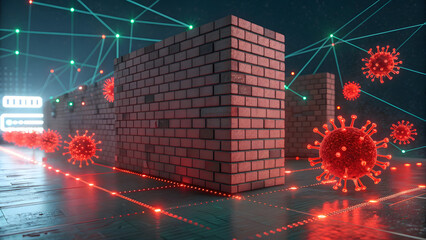 Data Firewall Concept Blocking Red Particles of the Coronavirus