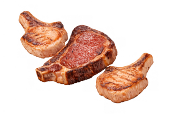 Grilled beef steak and pork chops with bone, bbq meat cooking for dinner, isolated on transparent background