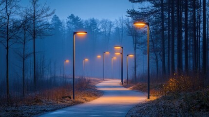 Naklejka premium Led streetlights illuminate a path, symbolizing energy-efficient and eco-friendly lighting solutions