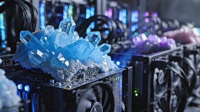 Crystals atop GPUs in mining rig with blue and purple lights.