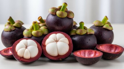 Fresh Mangosteen Fruits Whole and Halved Showing White Segments, Tropical Exotic Produce