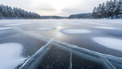 Frozen lake landscape with cracked thick ice and snow patches under misty winter sky in pine forest