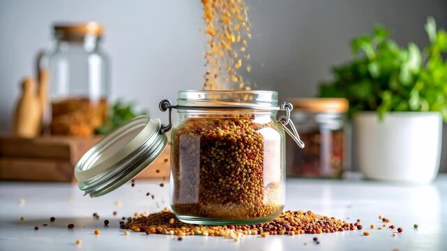 Spices Pouring into Glass Jar on Kitchen Counter.