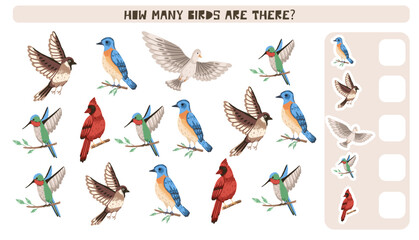 Math counting game with forest birds. Preschool task activity