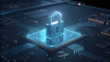 Glowing digital padlock floating above a motherboard