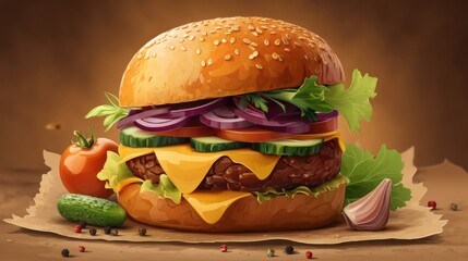 A burger is put together with layers of cheese onions tomatoes lettuce and pickles. The setting shows a wooden table with natural lighting.