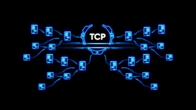 T C P Network Diagram with Glowing Blue Connections and Data Transfer Symbols on Black Background communication protocol