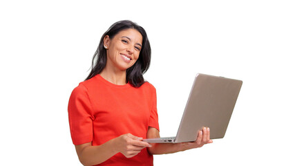 Woman smiling holding laptop working on transparent background