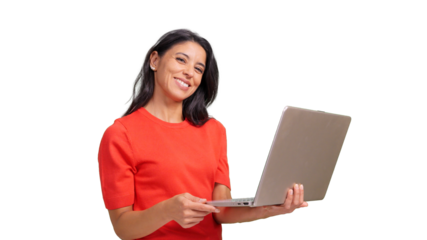 Woman smiling holding laptop working on transparent background