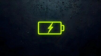 A glowing neon lime-green battery icon with a lightning bolt symbol in the center, set against a dark, textured, and slightly wet-looking background.
