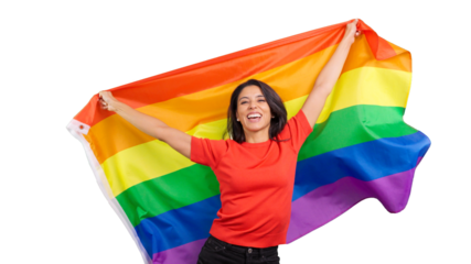Happy woman celebrating LGBTQ plus community with rainbow flag