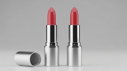Lipstick bullet open and closed, satin finish, metallic tube, elegant minimal styling,