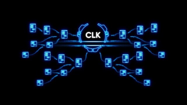Neon Blue Network Diagram with C L K Central Node and Radiating Connections CLK node glowing connections