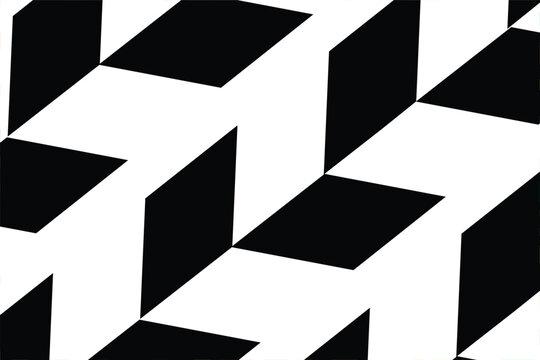 This image showcases a high-contrast black and white geometric pattern that creates a captivating optical illusion. The tessellating design consists of interconnected parallelograms and trapezoids, 