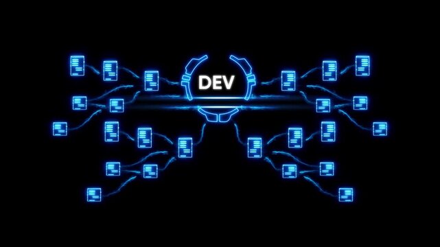 Neon D E V Development Concept with Glowing Blue Documents and Circuitry on Black Background Representing Coding and Technology