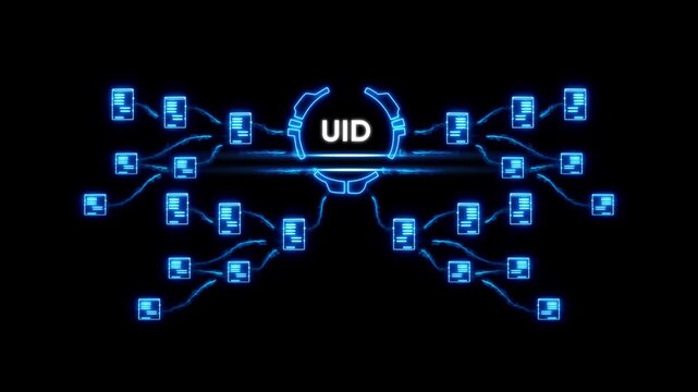 Unique Identifier Concept with Glowing Blue Neon Documents and U I D Text on Black Background for Data Management and Technology