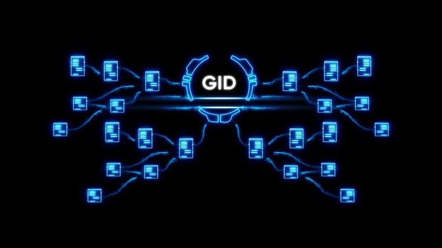 Global Information Database Network G I D Concept with Interconnected Documents and Data Flow on Black Background