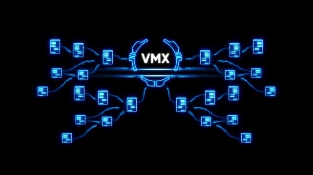 Virtual Machine Network V M X Cloud Computing Concept with Glowing Blue Neon Lines and on Black Background