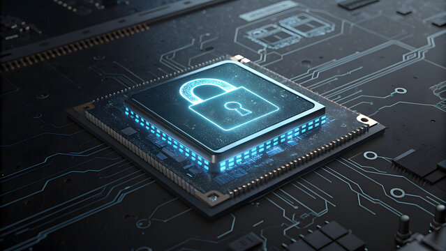 Holographic padlock symbol illuminated on a computer chip - Powered by Adobe