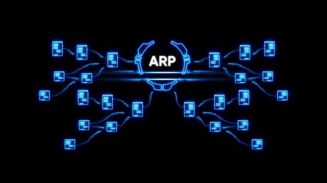 Address Resolution Protocol A R P Network Diagram with Glowing Blue Connections and on Black Background