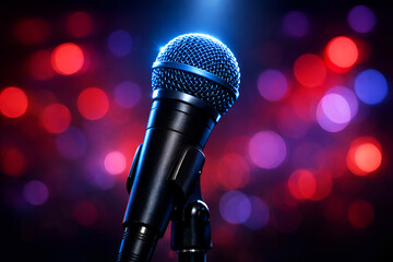 Obraz premium Microphone on Stage with Colorful Bokeh Lights 