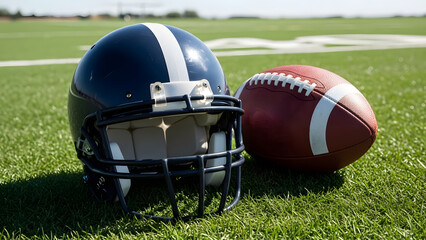 American football helmet and ball on grassy field close up shot during sunny weather game
