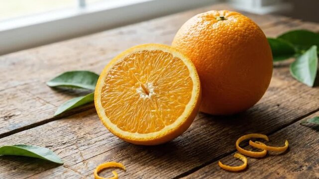 A vibrant display of fresh citrus fruit is beautifully arranged on a rustic wooden surface, bathed in soft, natural window light. A perfectly ripe whole orange sits beside a cleanly halved orange, rev