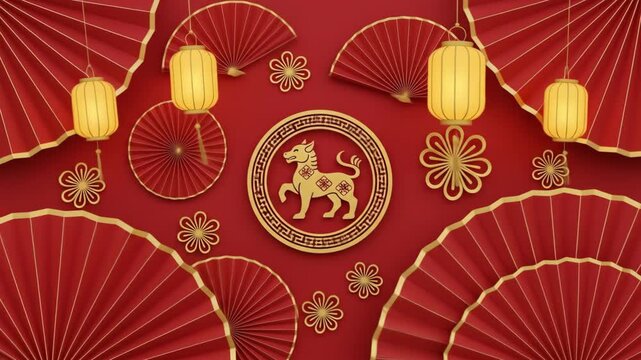 Festive Lunar New Year Celebration with Golden Dog and Red Accents.