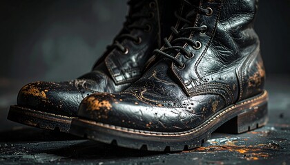 Close-up of worn, black leather boots, showcasing intricate details. The boots display a vintage, distressed look with aged textures