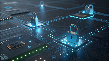 Padlocks secured on circuit board representing digital security