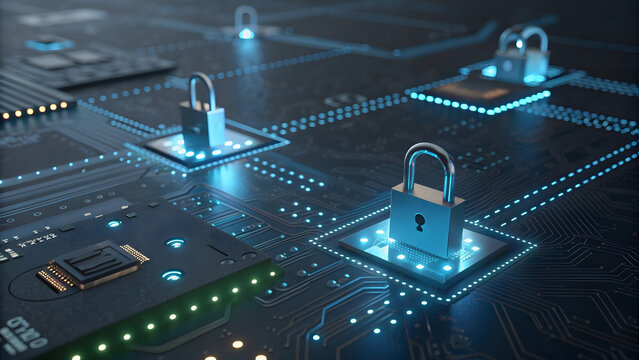 Padlocks secured on circuit board representing digital security - Powered by Adobe