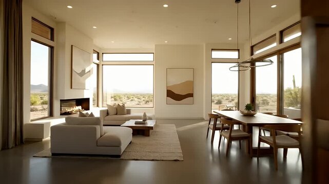 Modern Luxury Home Entrance and Living Room with Panoramic Views.