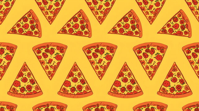 Seamless pattern background of illustrated pizza slices on bright yellow backdrop