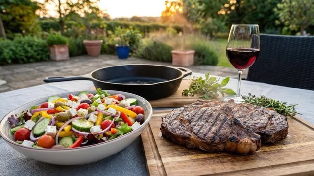 A vibrant, healthy meal is beautifully arranged on an outdoor table during a serene golden hour, bathed in warm, inviting light. A large bowl of fresh salad, brimming with crisp vegetables, creamy fet
