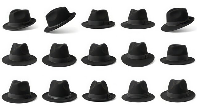 Collection of black fedora hats in various angles and styles