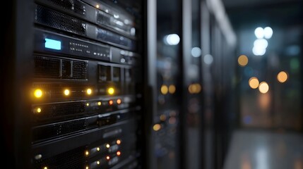 Server racks filled with blinking and glowing indicator lights in a modern data center setting