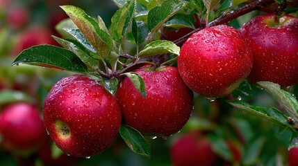 Obraz premium Fresh Natural Apple Branch on the Tree with Water Droplets Fruit