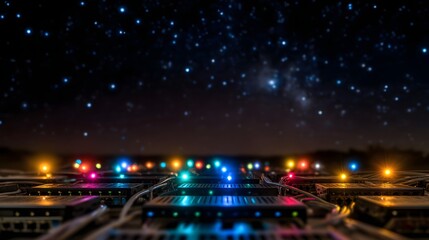 Colorful network router lights blink under a vast starry night sky