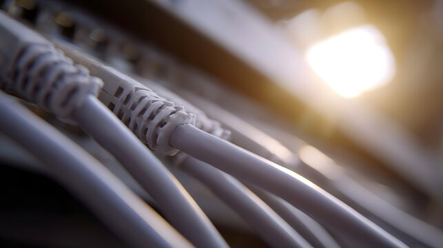 Close up view of white and grey network cables plugged into a server rack illuminated by soft warm light